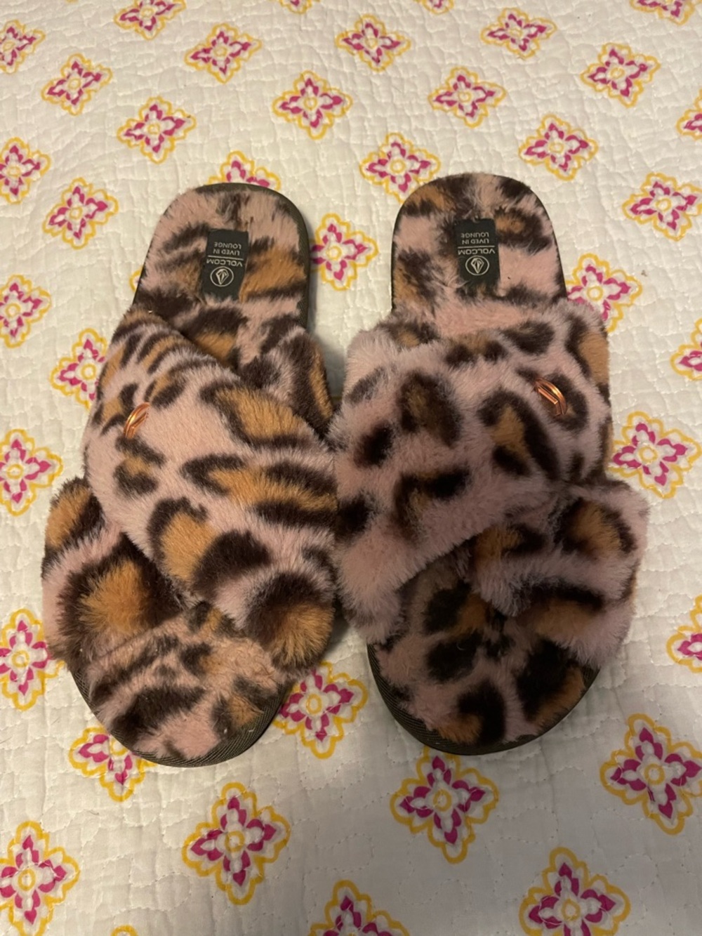 Volcom Pink Leopard Faux-Fur Slide Slippers